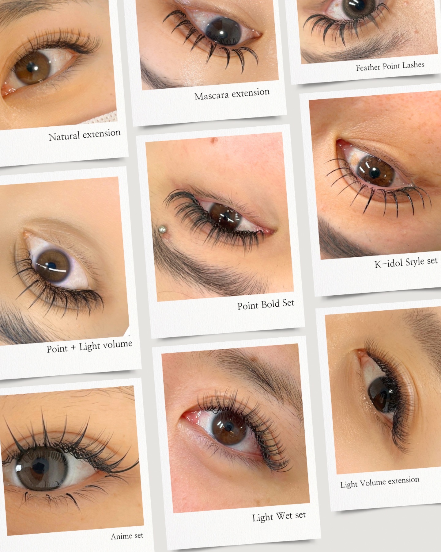 A collage of Haim Beauty lash styles — natural, wet set, point, volume and more